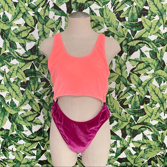 PINK Victoria's Secret Other - Neon Coral Crop Tank & Fuchsia Velvet High-Cut Bottoms - Women Swim Set